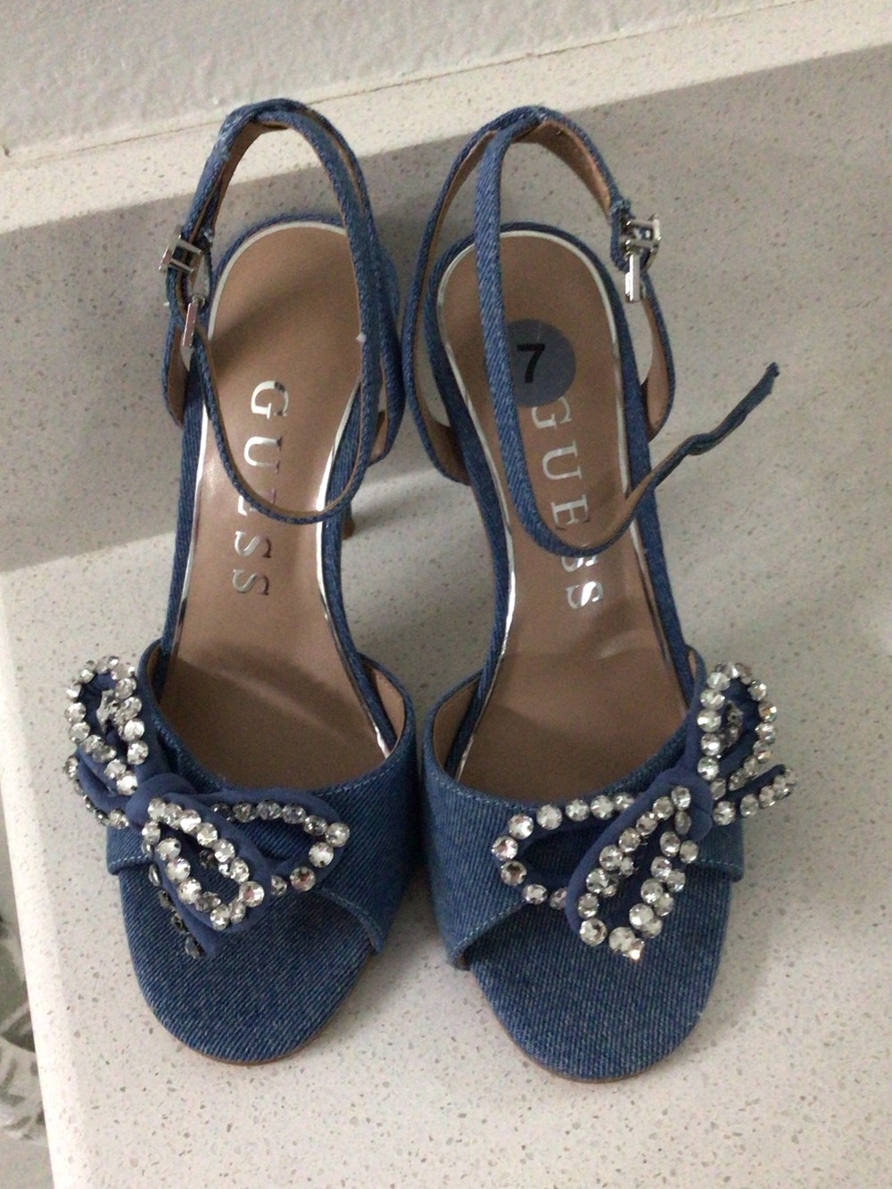 GUESS Denim Crystal Bow Slingback Heels - Picture 5 of 6